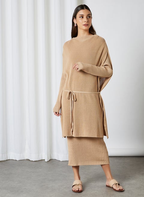 Double Layer Belted Dolman Midi Dress Beige