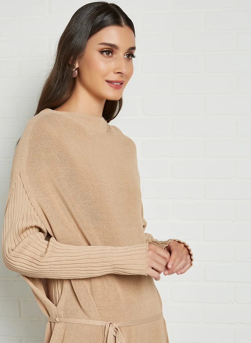 ELEGANZA Double Layer Belted Dolman Midi Dress Beige