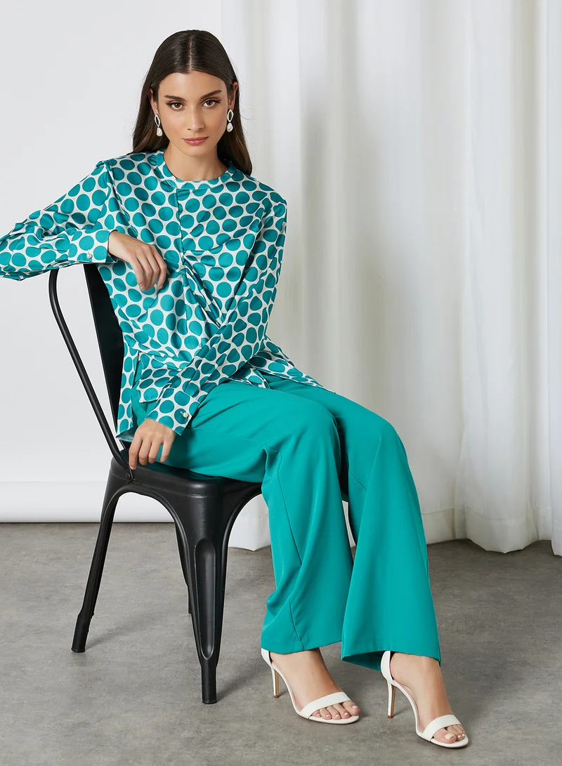 ELEGANZA Polka Dot Long Sleeve Blouse Green