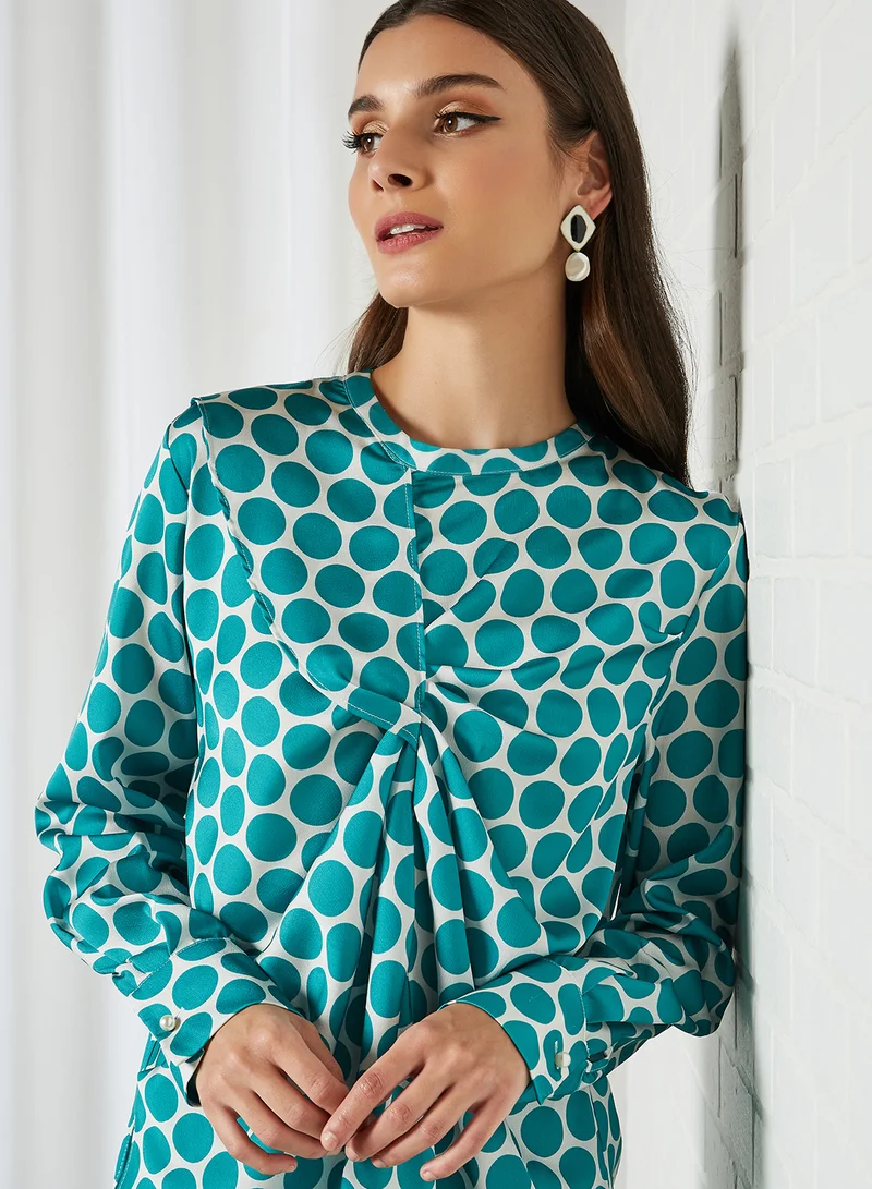 ELEGANZA Polka Dot Long Sleeve Blouse Green