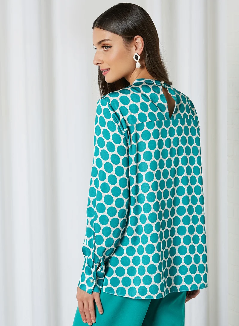 ELEGANZA Polka Dot Long Sleeve Blouse Green