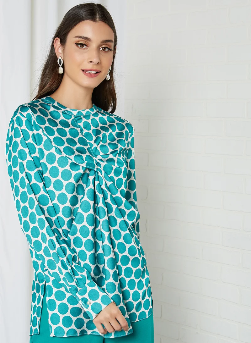 ELEGANZA Polka Dot Long Sleeve Blouse Green