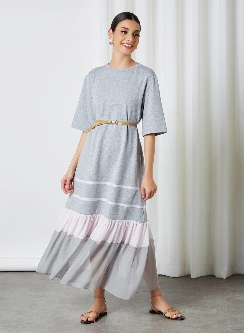 ELEGANZA Pleated Short Sleeve Maxi Dress