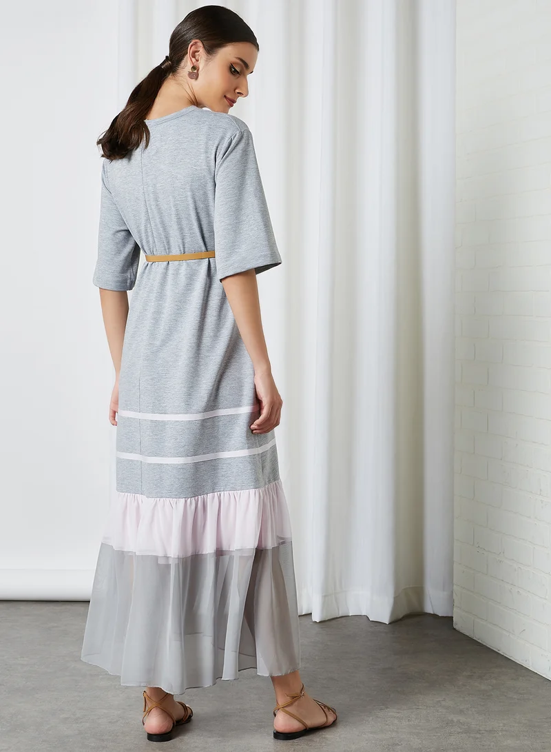 ELEGANZA Pleated Short Sleeve Maxi Dress Grey-Melange