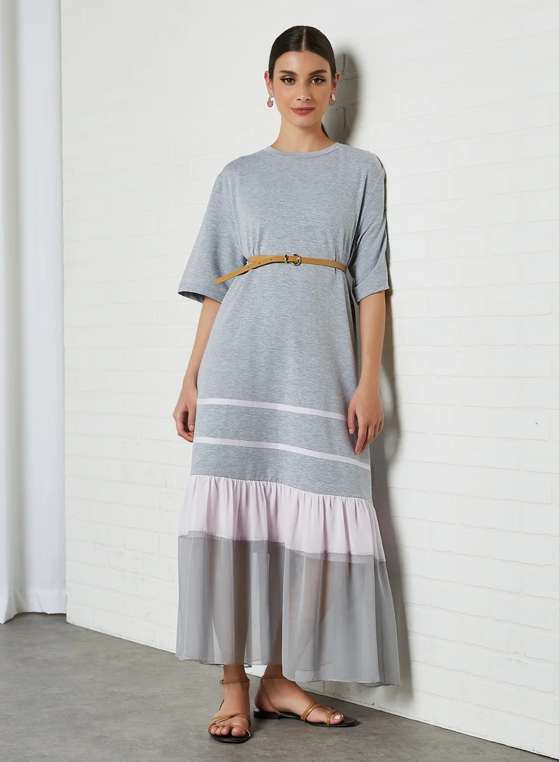 ELEGANZA Pleated Short Sleeve Maxi Dress Grey-Melange