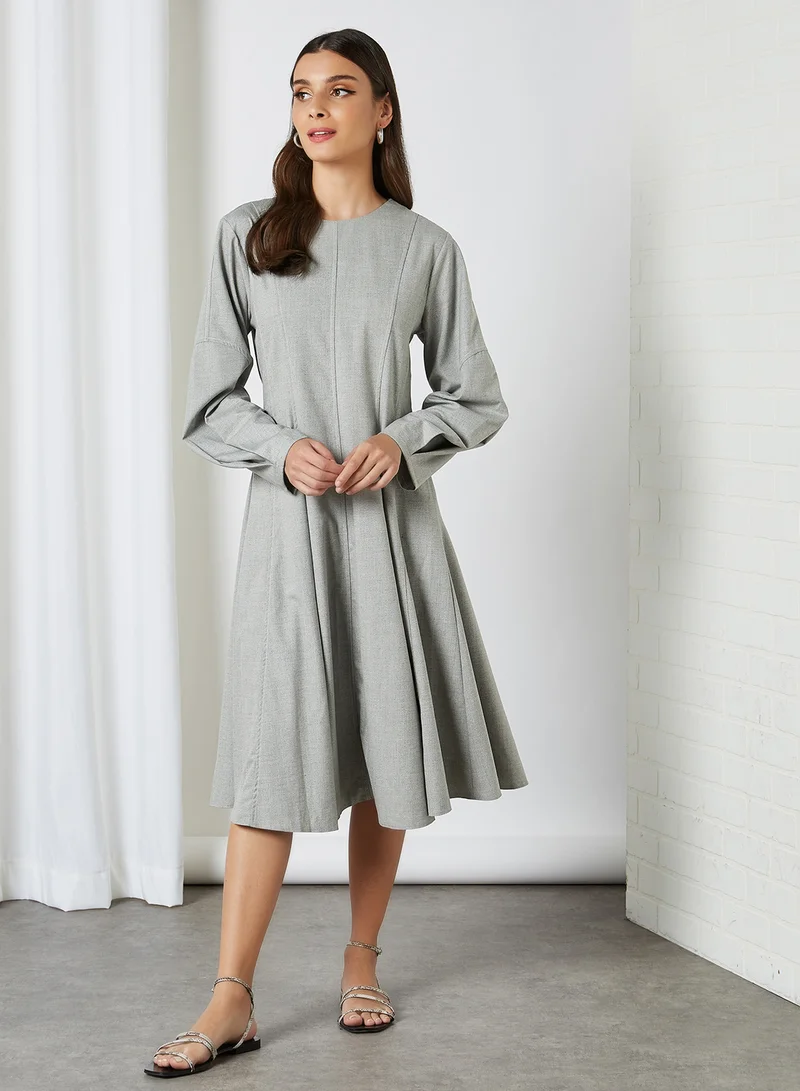 ELEGANZA Seam Details Long Sleeve Midi Dress Grey