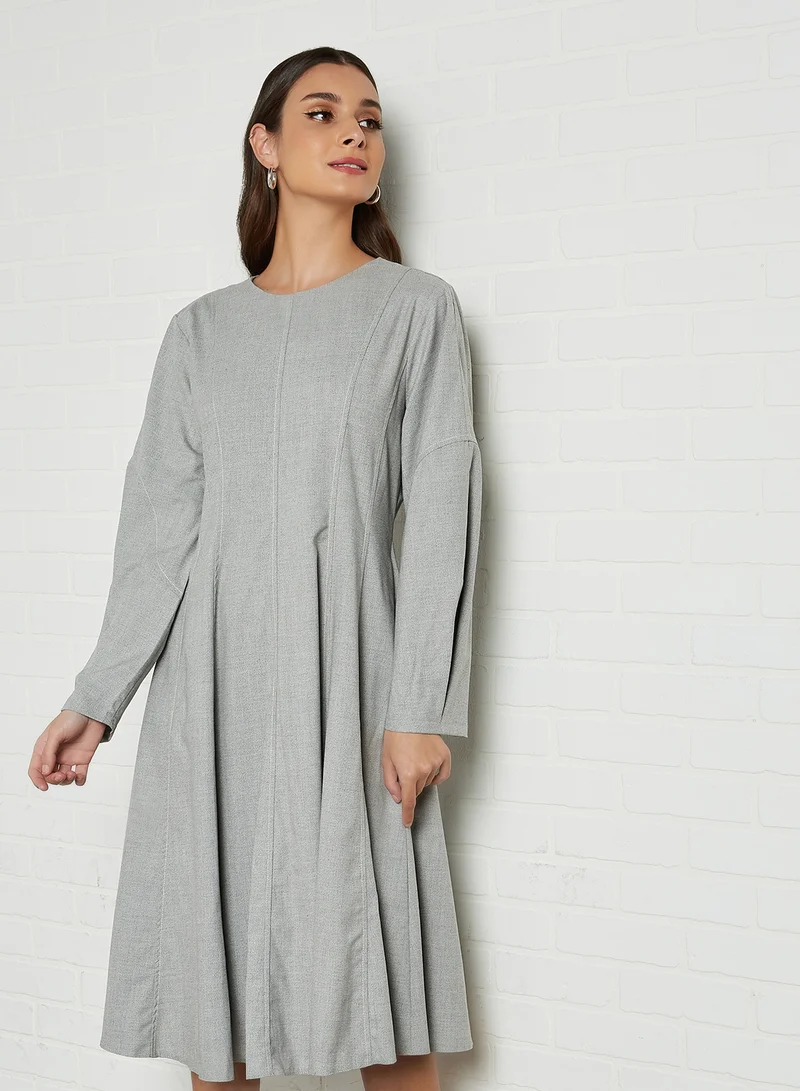 ELEGANZA Seam Details Long Sleeve Midi Dress Grey