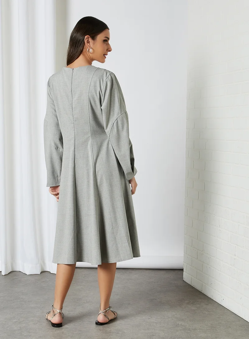 ELEGANZA Seam Details Long Sleeve Midi Dress Grey