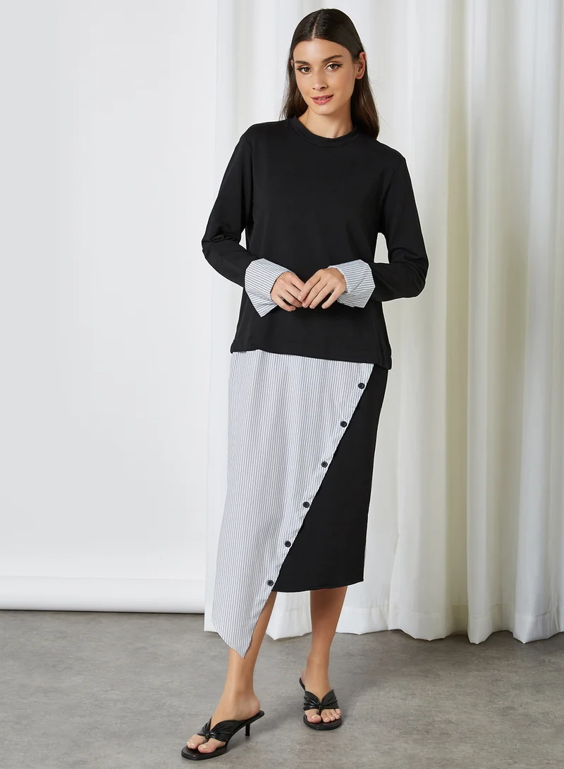 ELEGANZA Asymmetric Long Sleeve Midi Dress Black-White
