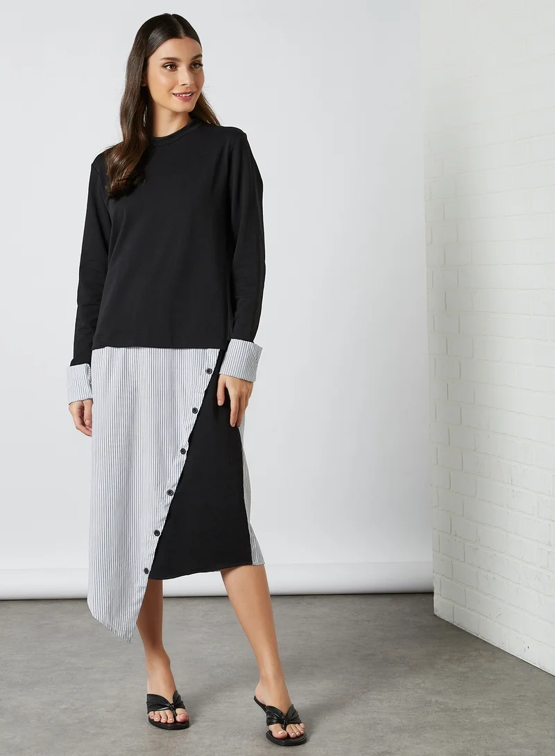ELEGANZA Asymmetric Long Sleeve Midi Dress Black-White