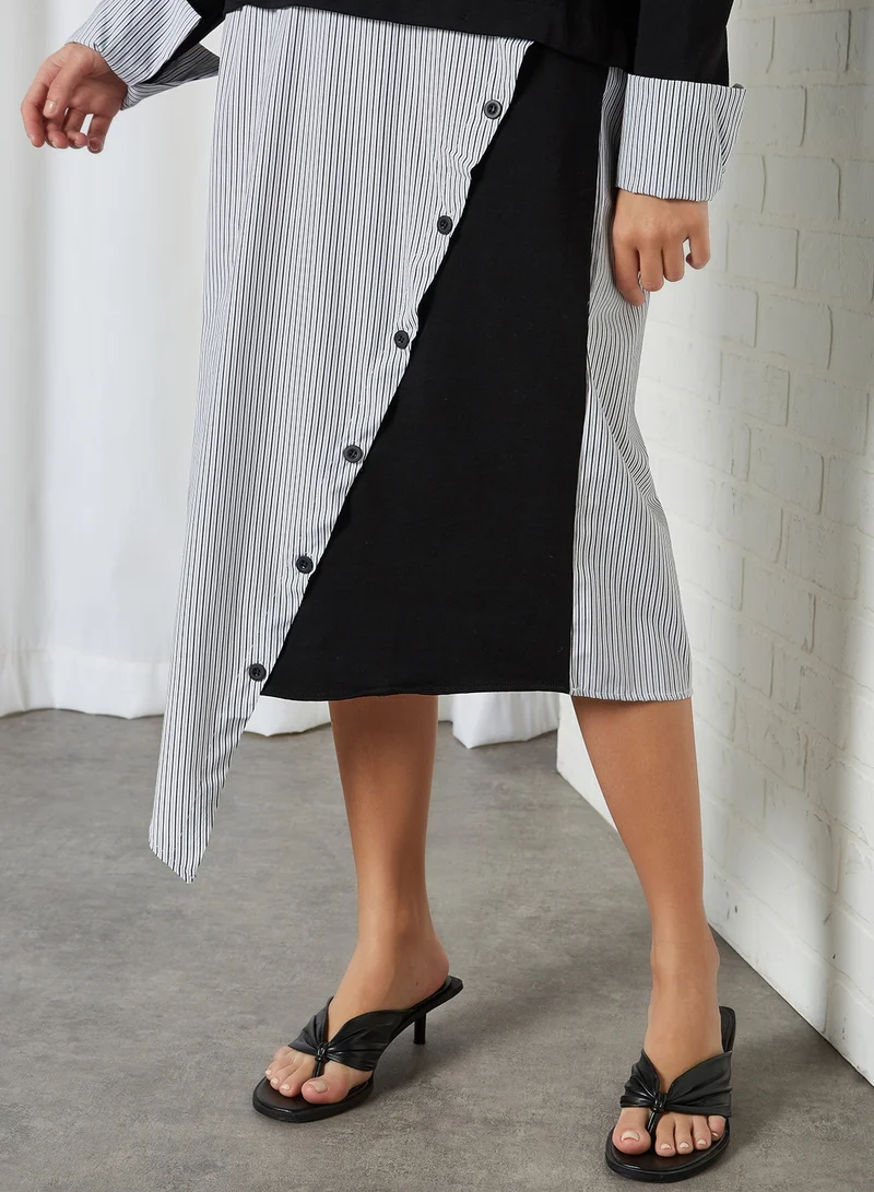 ELEGANZA Asymmetric Long Sleeve Midi Dress Black-White