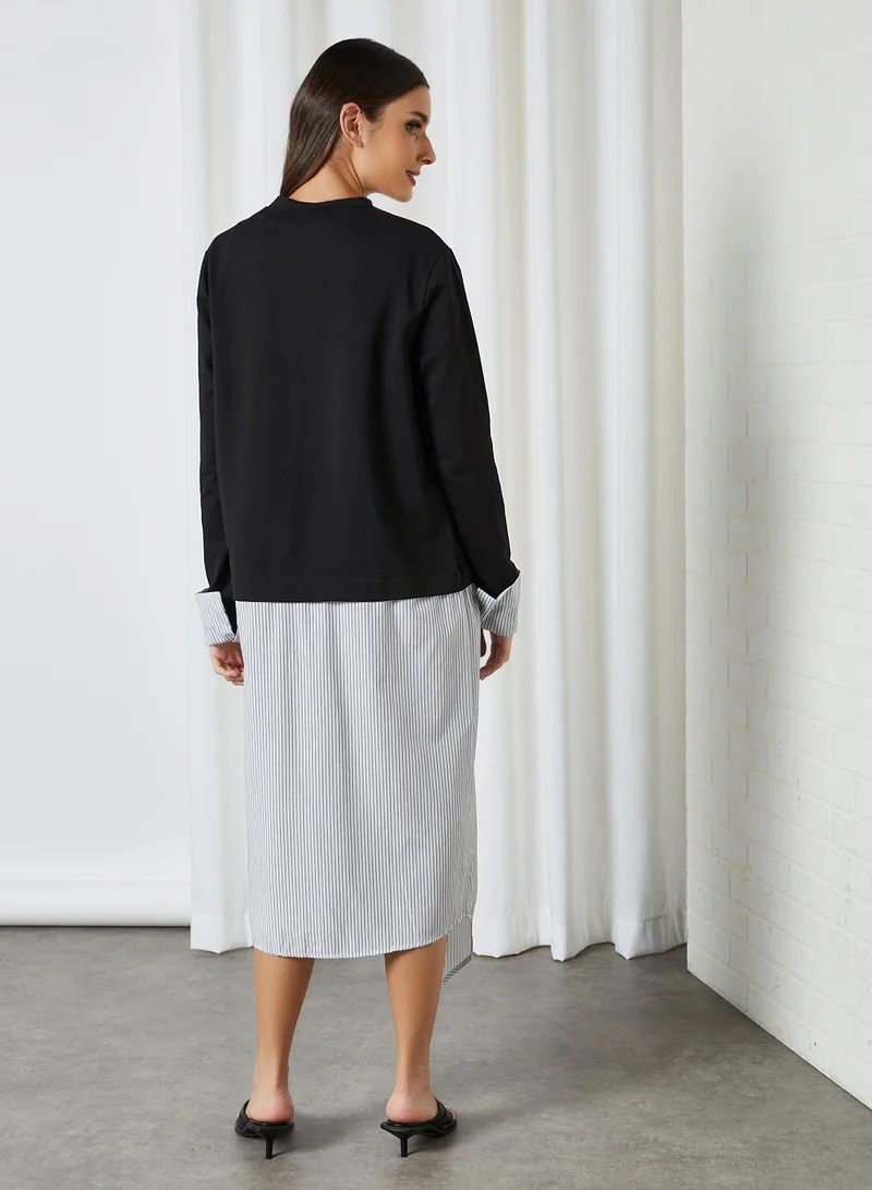 ELEGANZA Asymmetric Long Sleeve Midi Dress Black-White