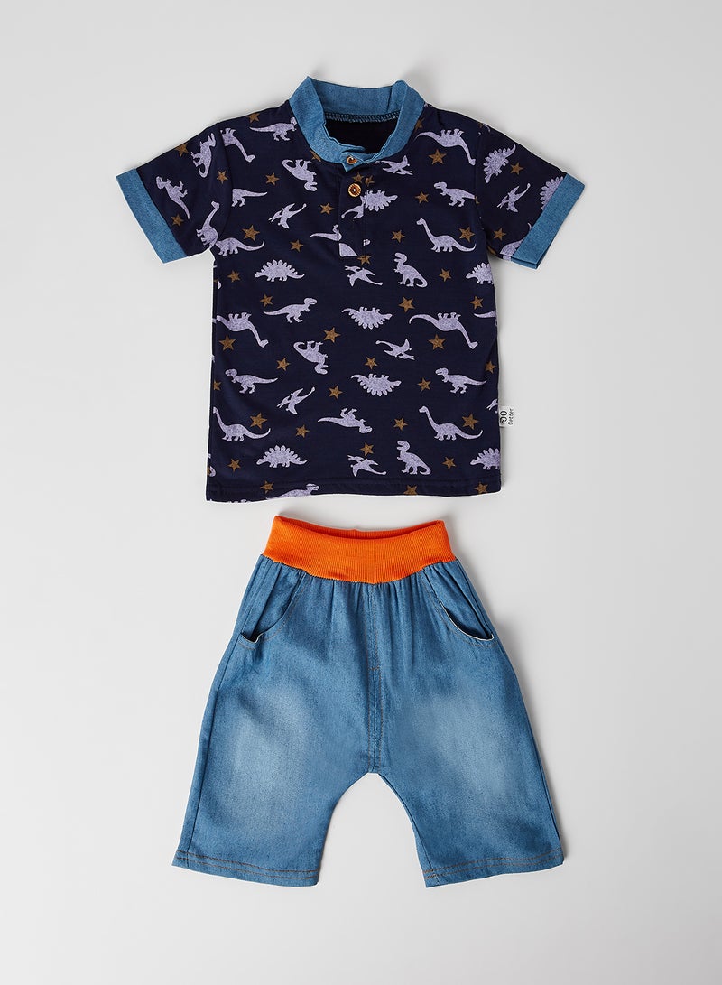 babyqlo Dino Print Polo T-Shirt with Shorts Set Blue  - Image 1