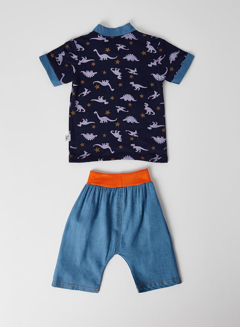 babyqlo Dino Print Polo T-Shirt with Shorts Set Blue  - Image 2