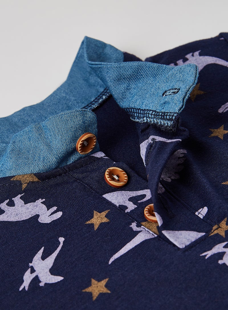 babyqlo Dino Print Polo T-Shirt with Shorts Set Blue  - Image 3