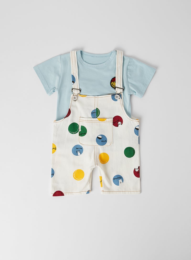 babyqlo Solid Round Neck T-Shirt with Dungaree Set Sky Blue - Image 2