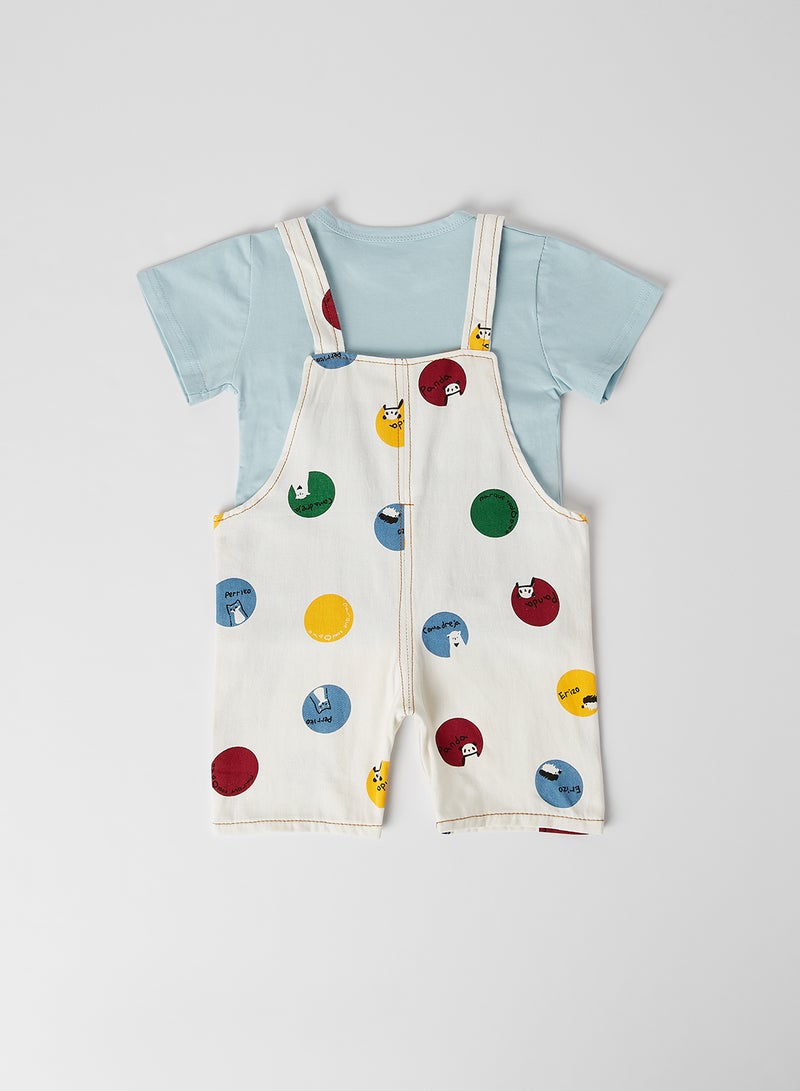 babyqlo Solid Round Neck T-Shirt with Dungaree Set Sky Blue - Image 3
