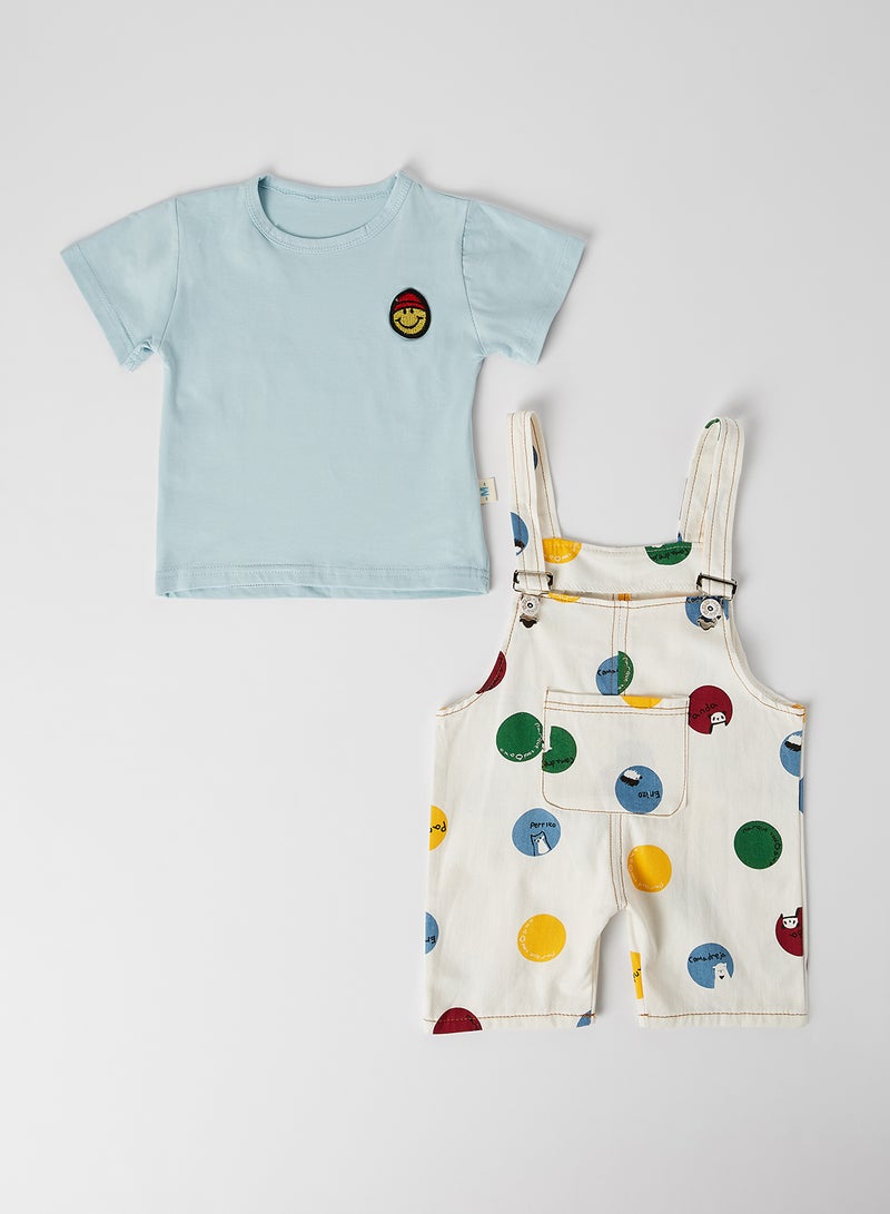 babyqlo Solid Round Neck T-Shirt with Dungaree Set Sky Blue - Image 1