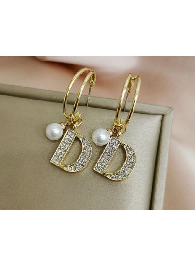 J&J D Letter Design Pearl Studded Dangle Earrings  - Image 3