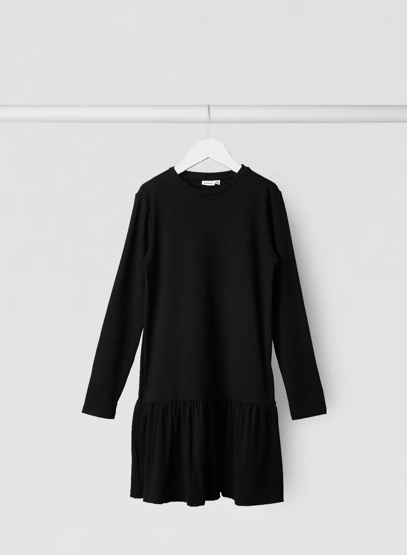 NAME IT Pleated Long Sleeve Midi Dress Black