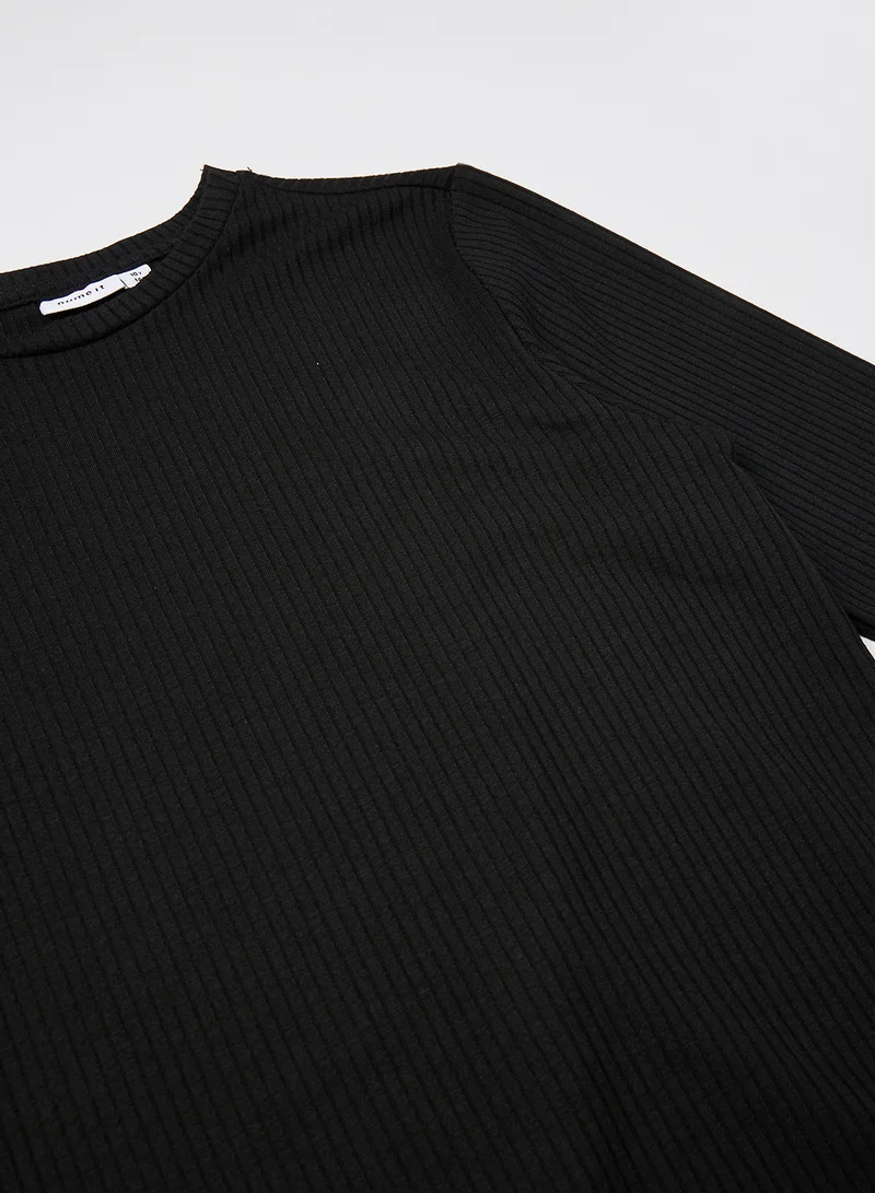 NAME IT Pleated Long Sleeve Midi Dress Black