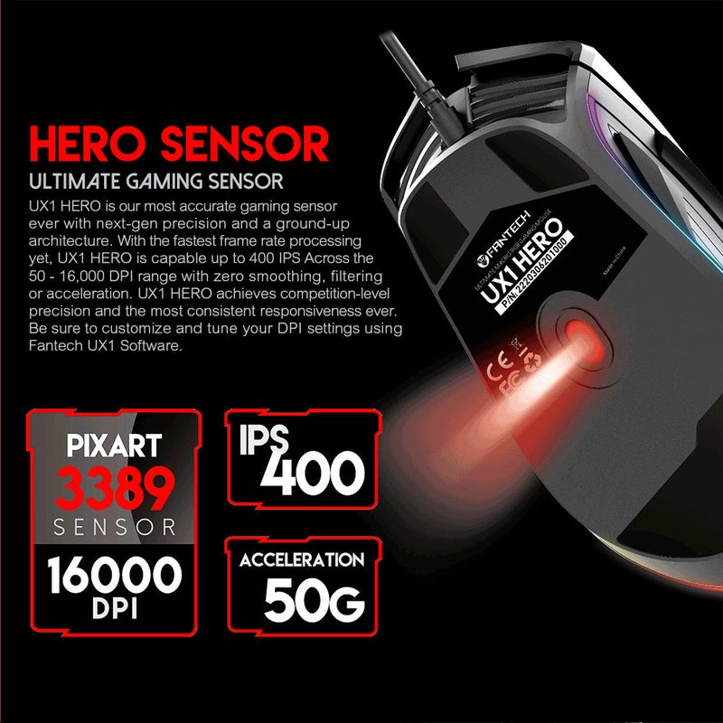 UX1 HERO Ultimate Gaming Mouse | Optical Sensor Pixart 3389 | 8 Programmable Buttons | 50 Million Clicks Lifetime