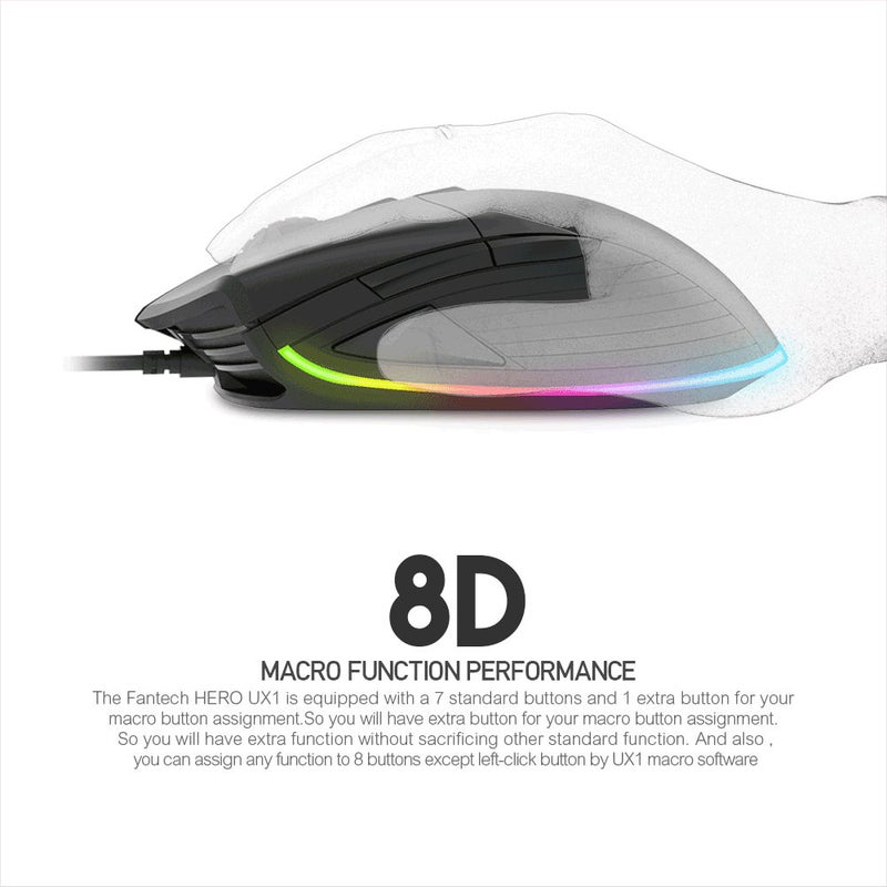 UX1 HERO Ultimate Gaming Mouse | Optical Sensor Pixart 3389 | 8 Programmable Buttons | 50 Million Clicks Lifetime