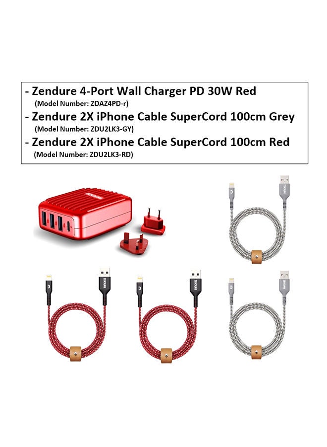 4-Port Wall Charger With Charging Cables Multicolour