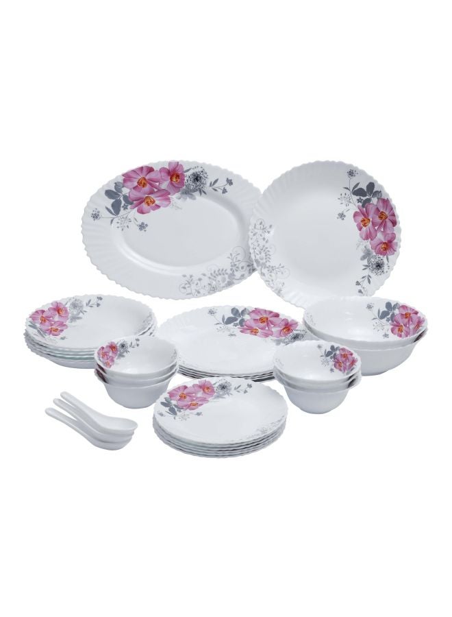 رويال فورد طقم أدوات مائدة من الأوبال مكون من 33 قطعة أبيض/وردي/رمادي 6xDinner Plates - 10inch , 6xQuartes Plates - 7.5inch, Oval Plate - 13inch, 6xDeep Soup Plate - 8inch, 6xSoup Bowl - 5inch, ,6xSpoons, 2xServing Bowls - 8inch - Image 1