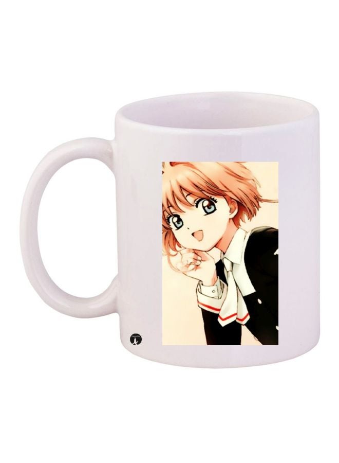 مج قهوة بطبعة رسومات كرتونية على شكل فتاة أبيض/ بيج/ أسود