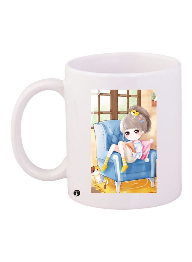 مج قهوة من السيراميك بطبعة صورة فتاة من رسوم الأنمي أبيض/ بيج/ أزرق
