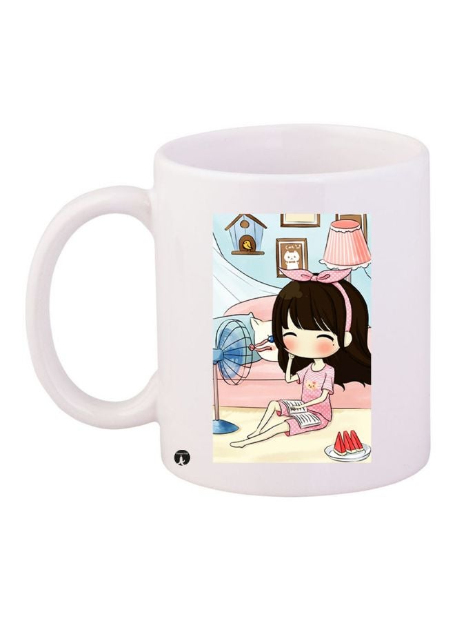 Anime Girl Printed Ceramic Coffee Mug White/Beige/Pink