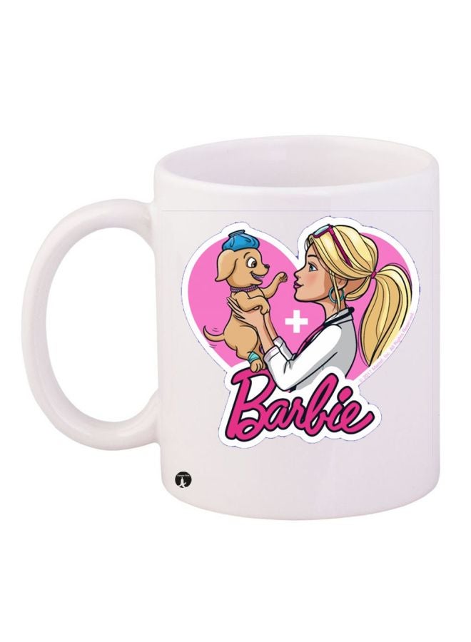 مج قهوة بطبعة باربي أبيض/وردي/بني