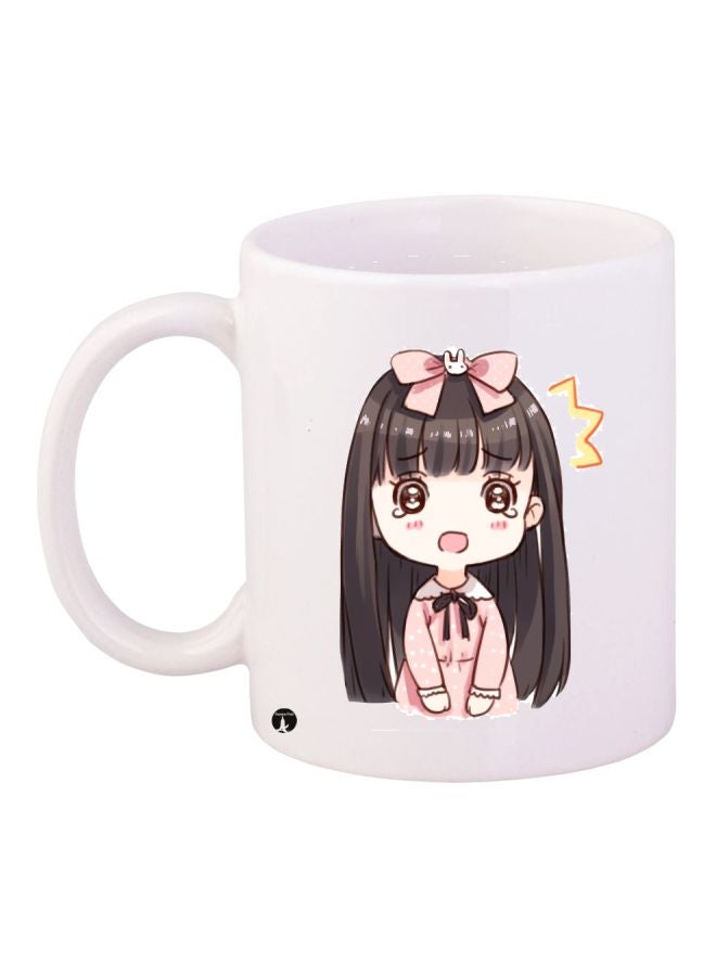 مج قهوة بطبعة رسوم متحركة على شكل فتاة أبيض/وردي/أسود