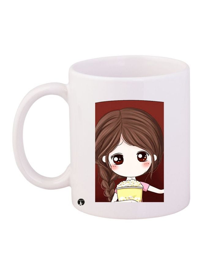 مج قهوة بطبعة رسومات كرتونية على شكل فتاة أبيض/بني/ أصفر