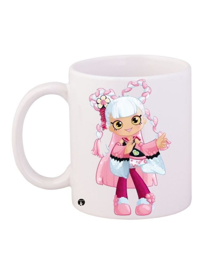 مج قهوة بطبعة رسومات كرتونية على شكل فتاة أبيض/ بيج/ وردي