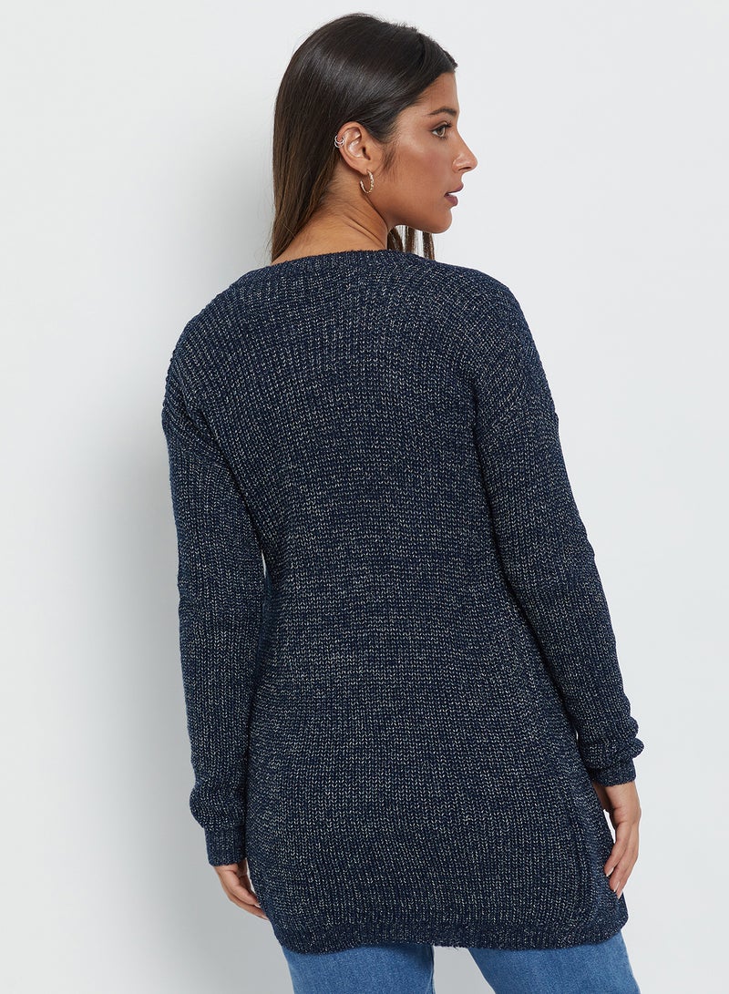 Emoi by Emonite - Solid Textured Long Sleeves Knitwear Cardigan Navy Blazer - Image 1