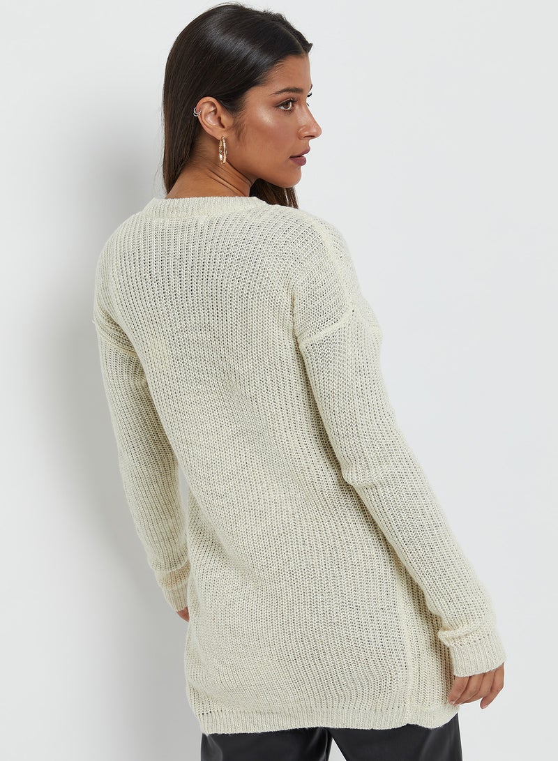 Emoi by Emonite - Solid Textured Long Sleeves Knitwear Cardigan White Asparagus - Image 1