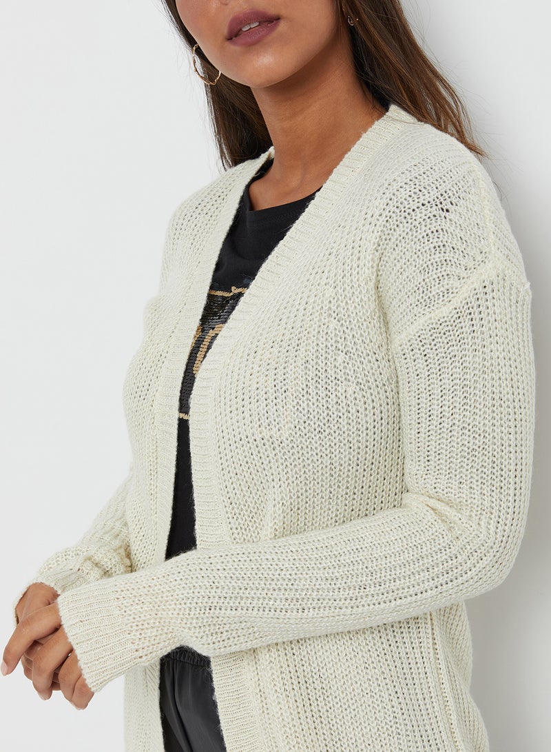 Emoi by Emonite - Solid Textured Long Sleeves Knitwear Cardigan White Asparagus - Image 1
