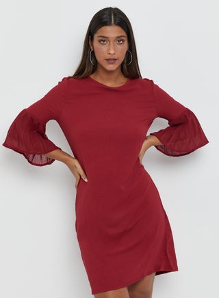 Solid Design Round Neck Dress Ruby Wine