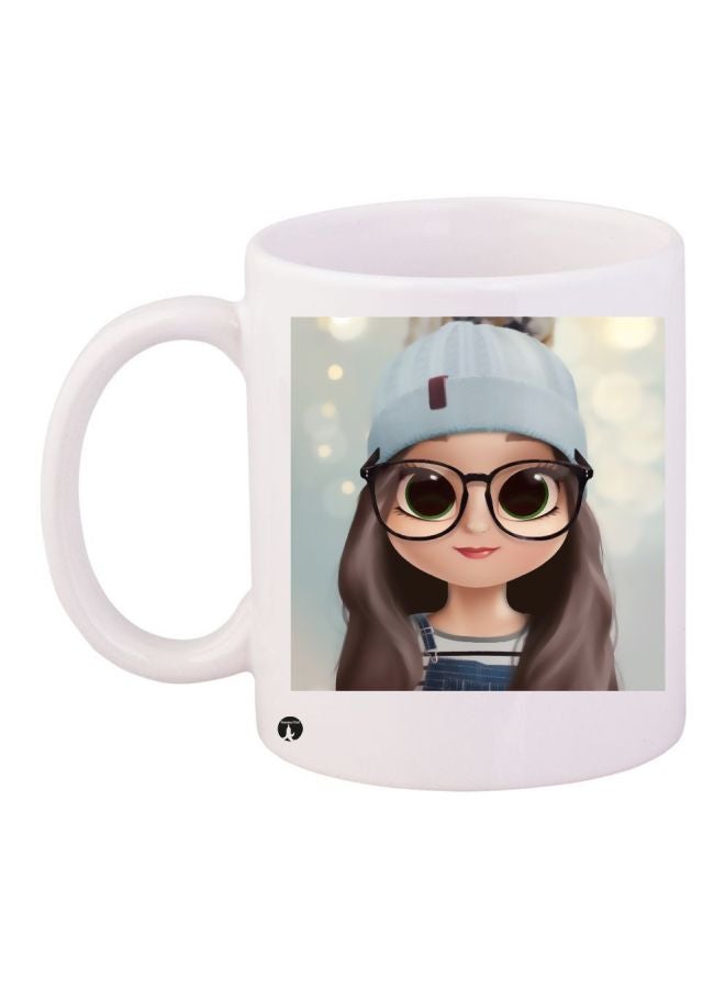 BP Spectacled Cartoon Girl Printed Coffee Mug White/Beige/Brown