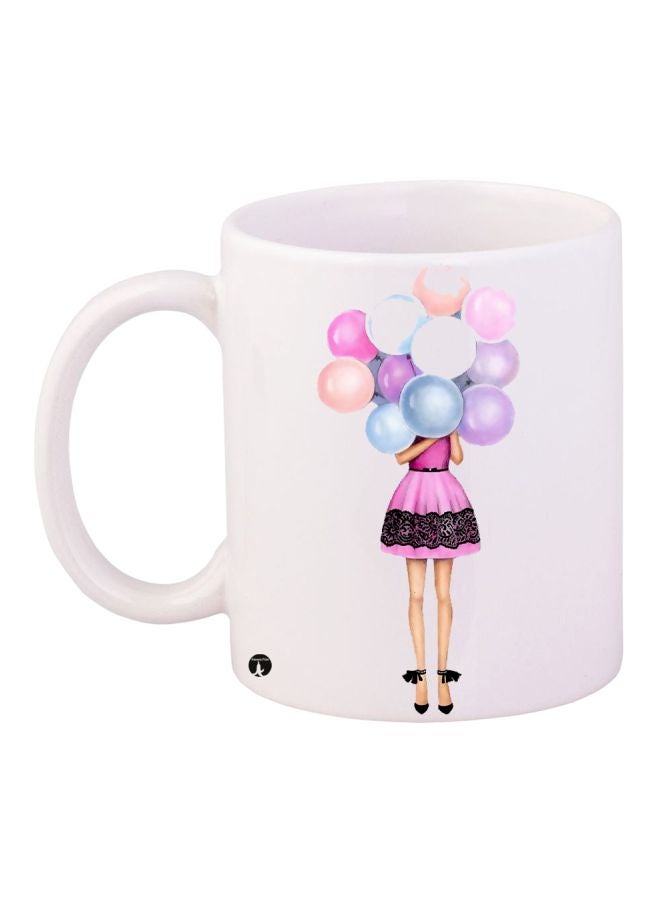 Girl With Balloons Printed Coffee Mug White/Purple/Black