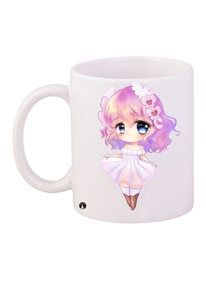 مج قهوة بطبعة رسومات كرتونية على شكل فتاة أبيض/ وردي/ بيج