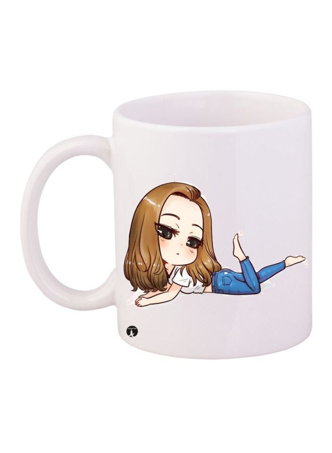 BP Cartoon Girl Printed Coffee Mug White/Brown/Blue