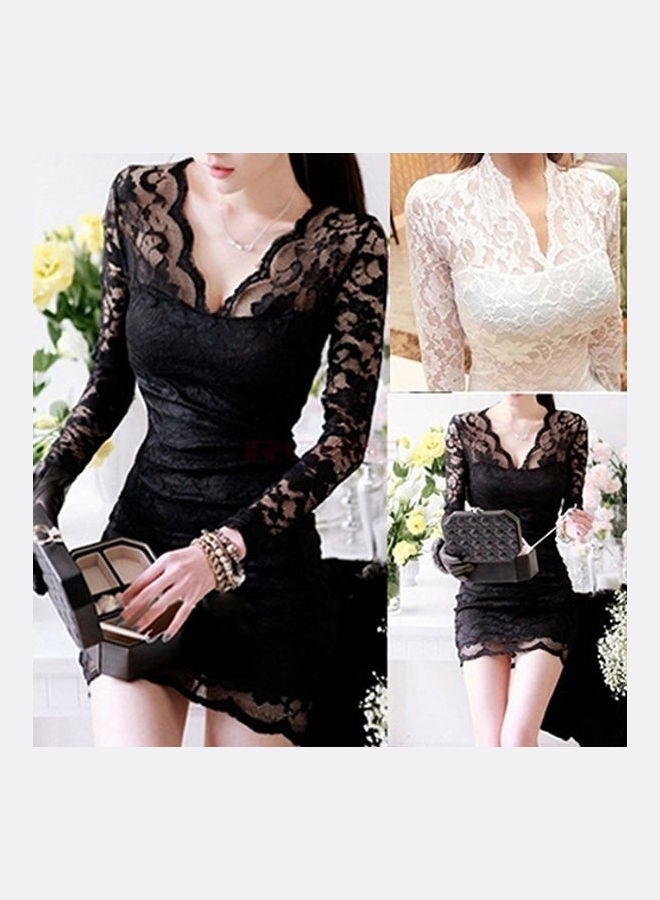 Women V-Neck Lace Floral Slim Long Sleeve Clubwear Cocktail Bodycon Dress Black  - Image 2