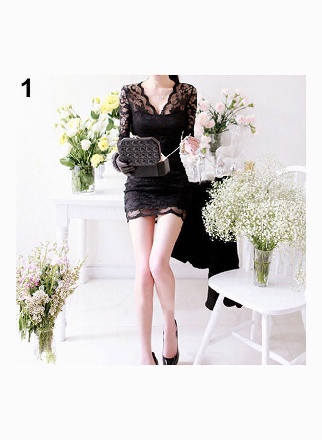 Women V-Neck Lace Floral Slim Long Sleeve Clubwear Cocktail Bodycon Dress Black  - Image 1