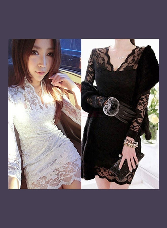Women V-Neck Lace Floral Slim Long Sleeve Clubwear Cocktail Bodycon Dress Black  - Image 3