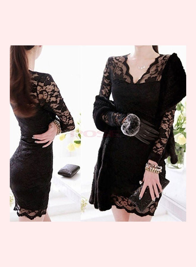 Women V-Neck Lace Floral Slim Long Sleeve Clubwear Cocktail Bodycon Dress Black  - Image 5