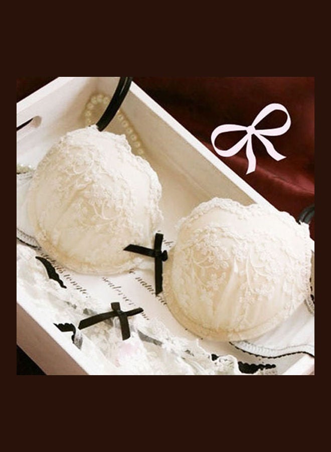 Women  Lace Flower Embroidery Bow Decor Push Up Bra Set Knickers Lingerie Navy Blue  - Image 3