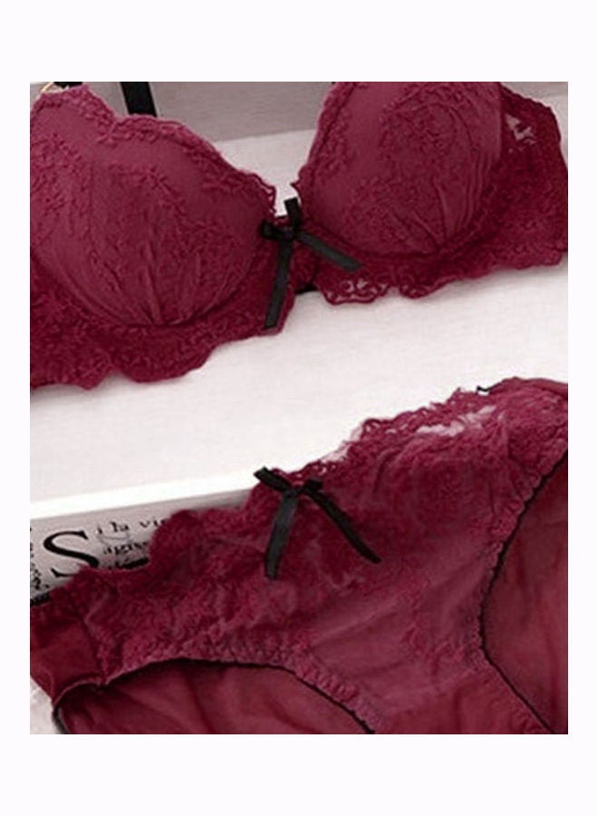 Women  Lace Flower Embroidery Bow Decor Push Up Bra Set Knickers Lingerie Navy Blue  - Image 4